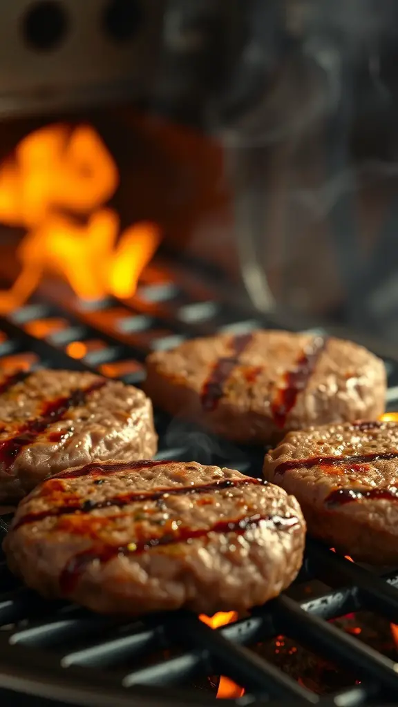 Grilling beef burger patties on a barbecue grill with flames in the background
