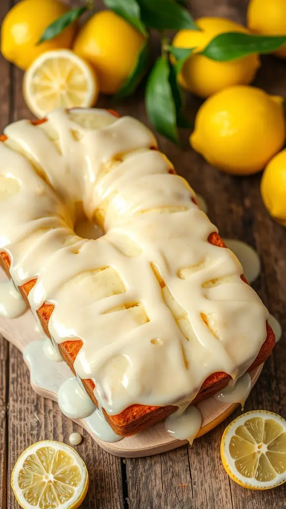 Lemon Olive Oil Cake with a white glaze, surrounded by fresh lemons