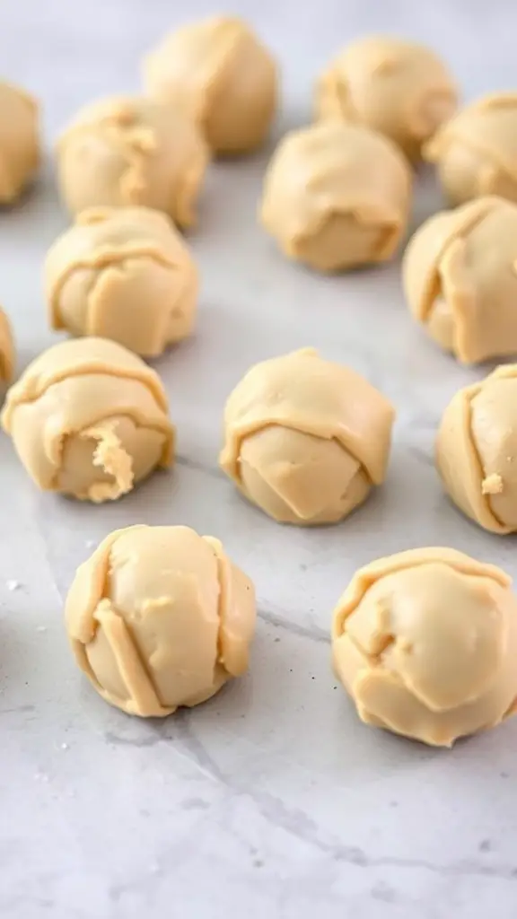 Frozen balls of white chocolate macadamia nut cookie dough on a marble surface.