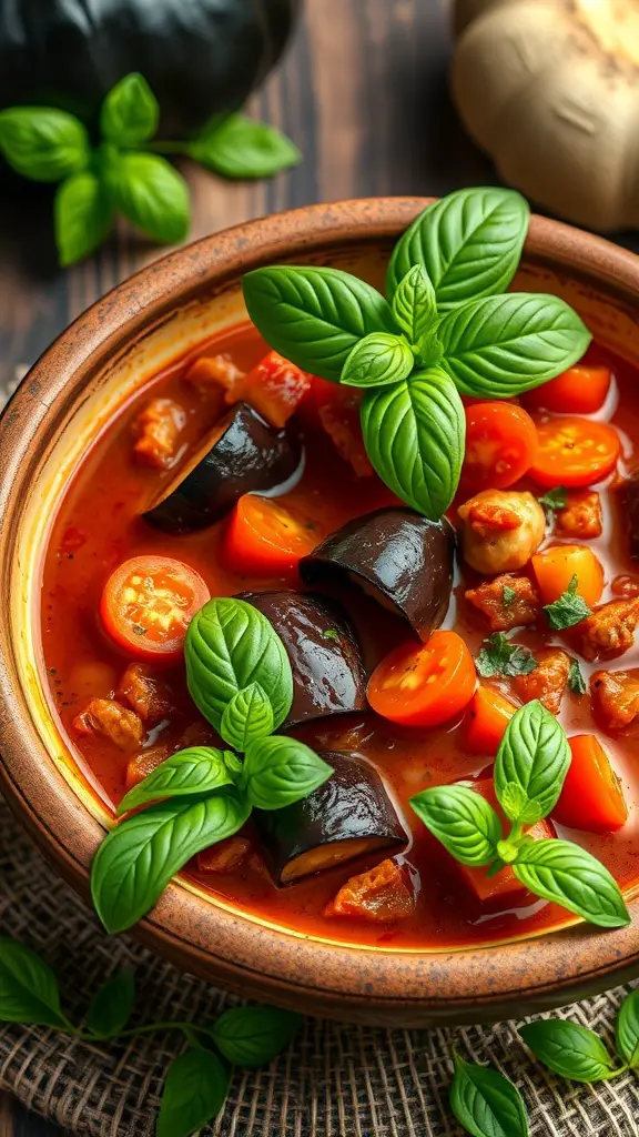 A bowl of eggplant and tomato stew garnished with fresh basil leaves.
