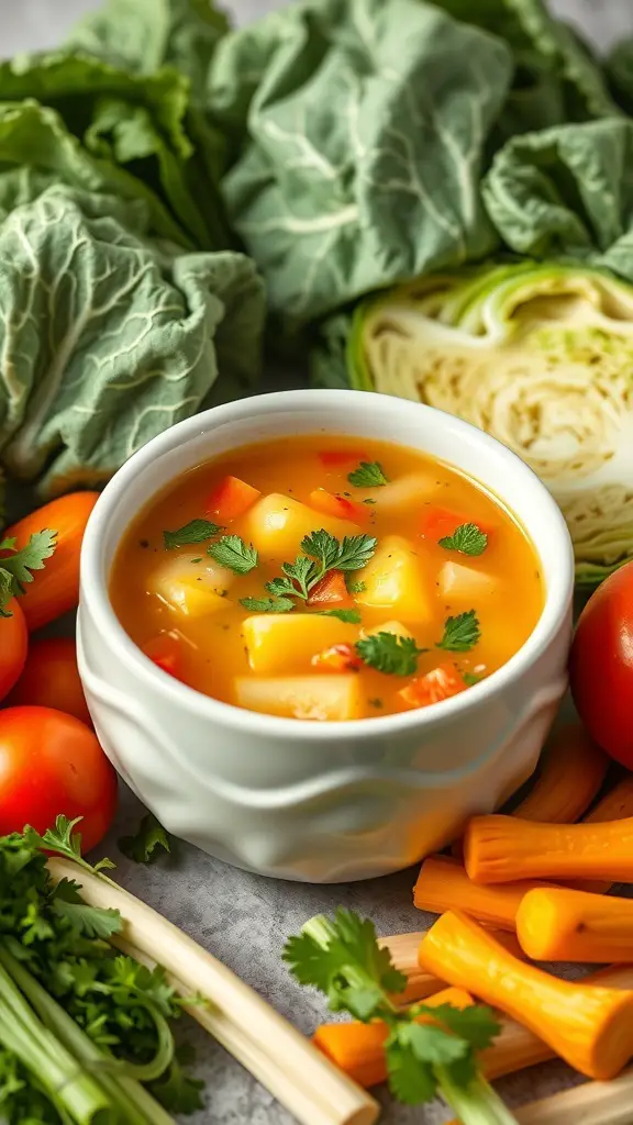 A bowl of cabbage soup surrounded by fresh vegetables like tomatoes, carrots, and celery.