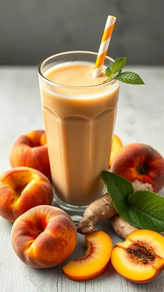 A refreshing peach ginger smoothie in a glass, surrounded by fresh peaches and ginger root.