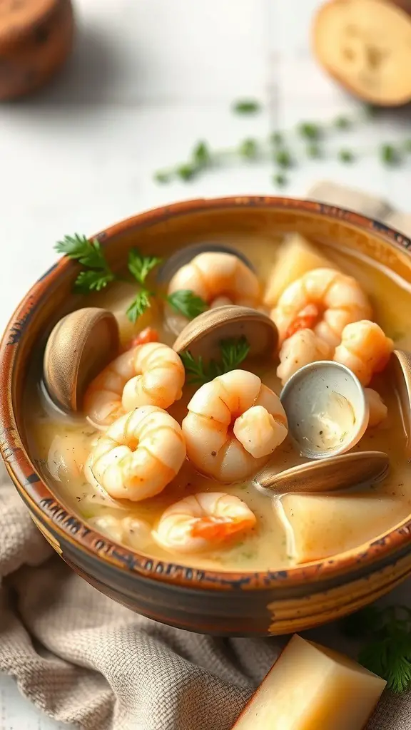 A bowl of creamy seafood chowder with shrimp and clams