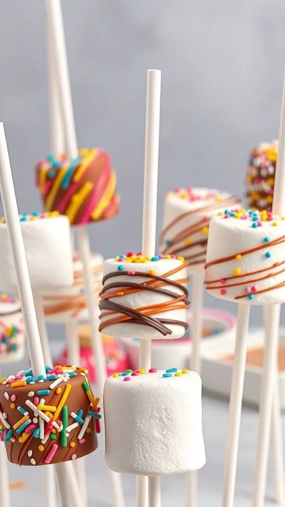 Colorful marshmallow pops decorated with chocolate and sprinkles