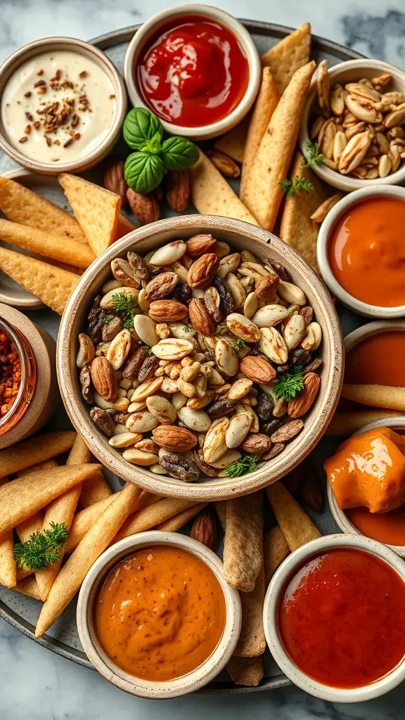 A mezze platter featuring a spiced nuts and seeds mix in a bowl, surrounded by various dips and crackers.