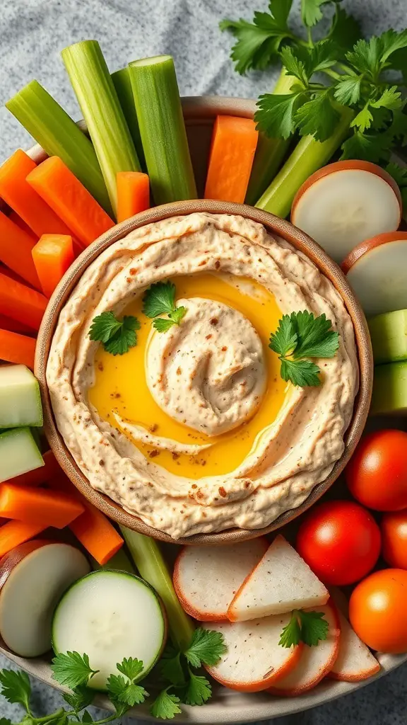 A bowl of roasted eggplant baba ganoush surrounded by fresh vegetables like carrots, celery, and cucumbers.