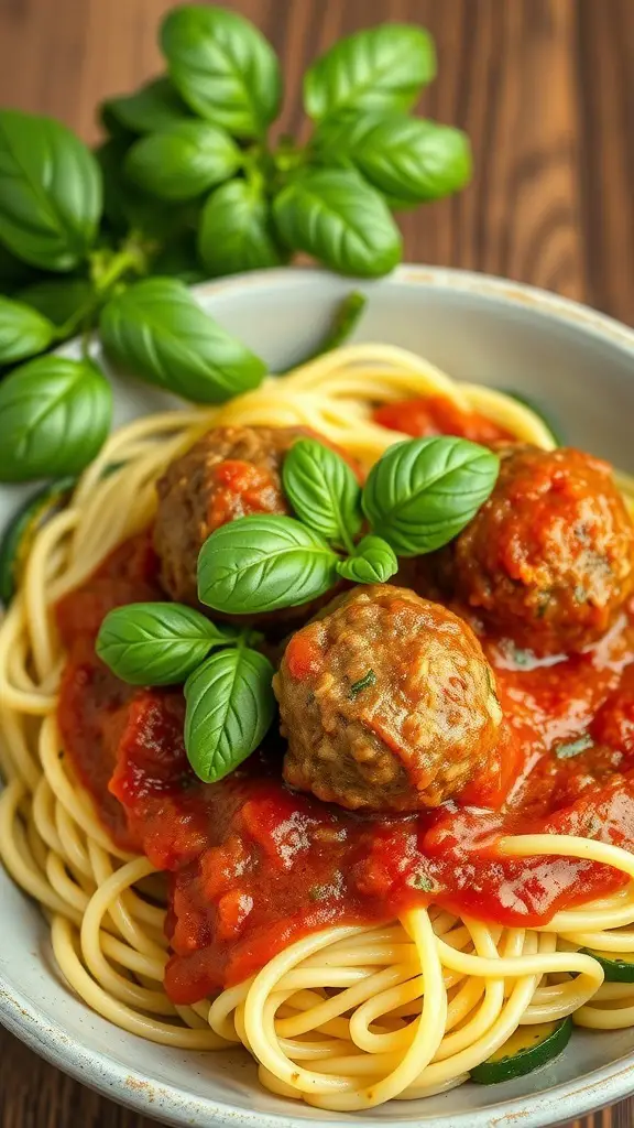 A bowl of zucchini noodles topped with meatballs and marinara sauce, garnished with fresh basil.