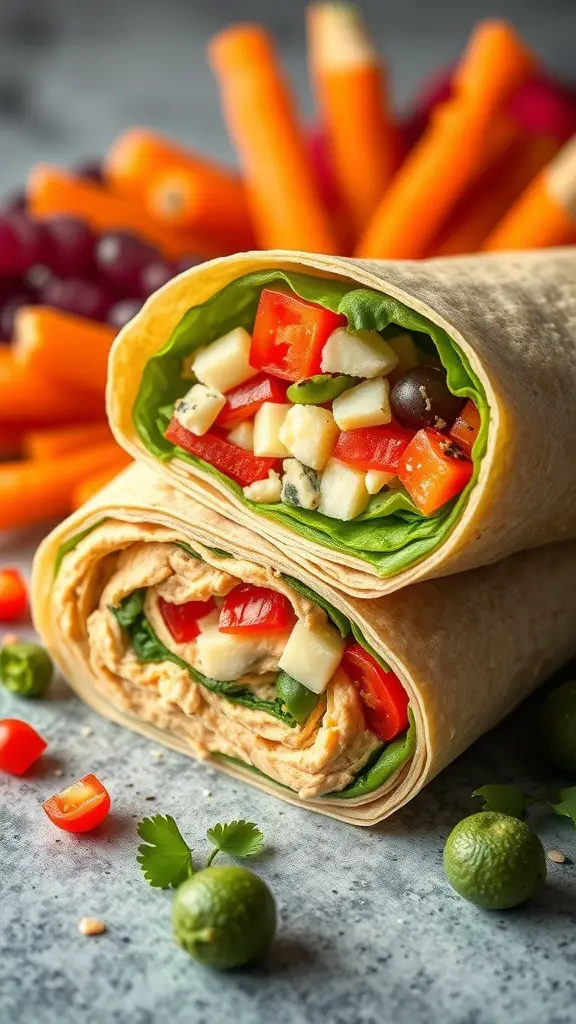 A close-up of a hummus and veggie wrap, showcasing fresh vegetables and a soft tortilla.