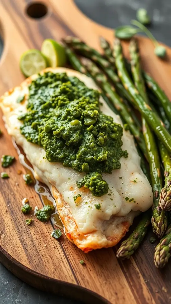 Baked trout fillet topped with pesto and served with asparagus on a wooden cutting board.