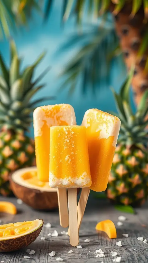 Three mango coconut popsicles with tropical background