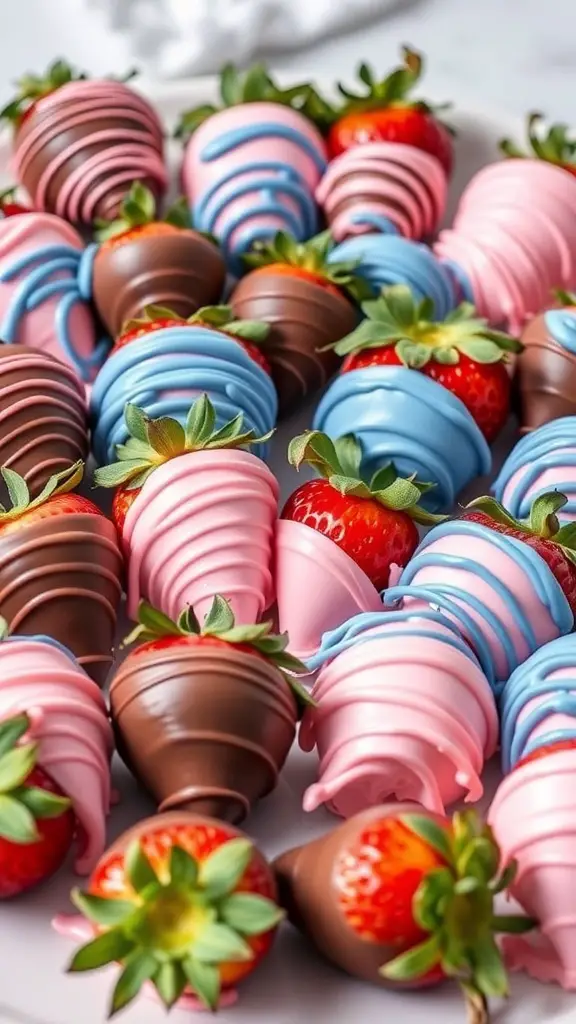 Plate of chocolate-dipped strawberries in pink, blue, and brown colors