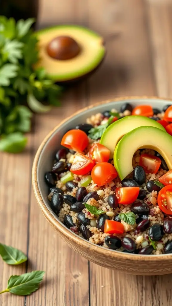 A bowl of Savory Quinoa and Black Bean Salad with avocado slices and cherry tomatoes.