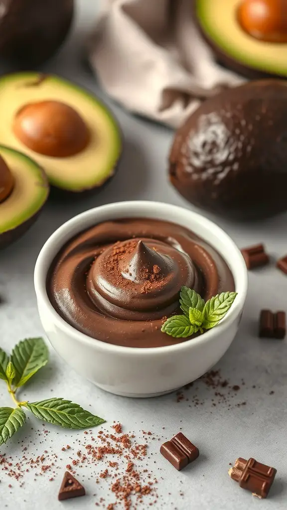 A bowl of dark chocolate avocado mousse garnished with mint leaves, surrounded by fresh avocados and chocolate pieces.