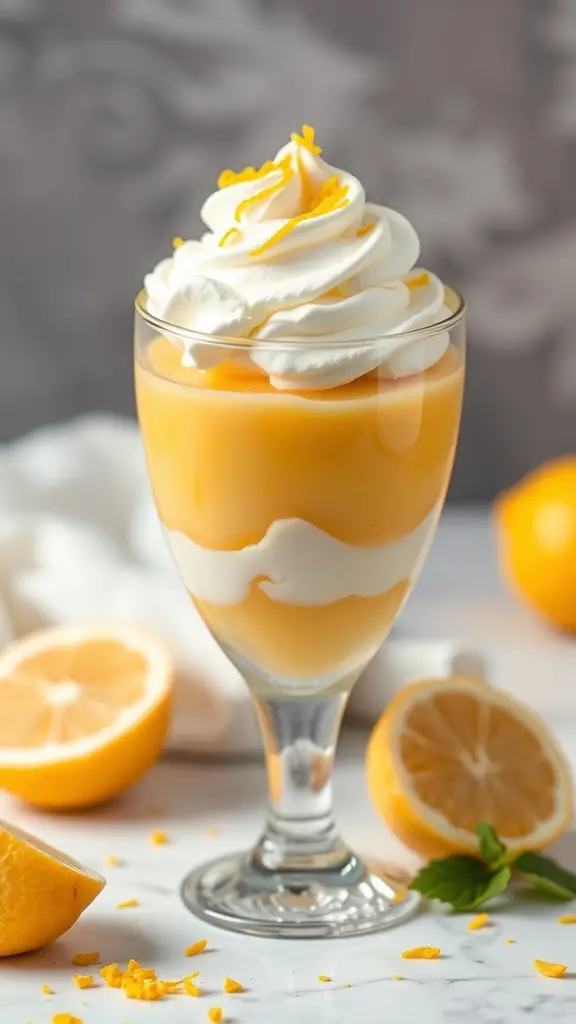 A glass of lemon curd parfait topped with whipped cream and lemon zest, surrounded by fresh lemons.