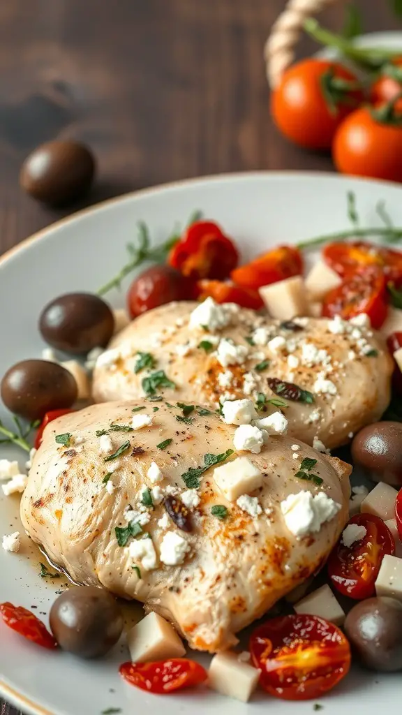 Plate of Mediterranean chicken with olives, feta, and cherry tomatoes