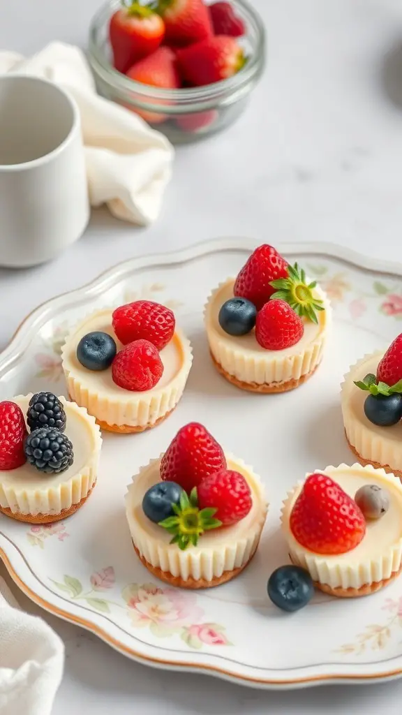 A platter of mini cheesecakes topped with strawberries, blueberries, and blackberries.