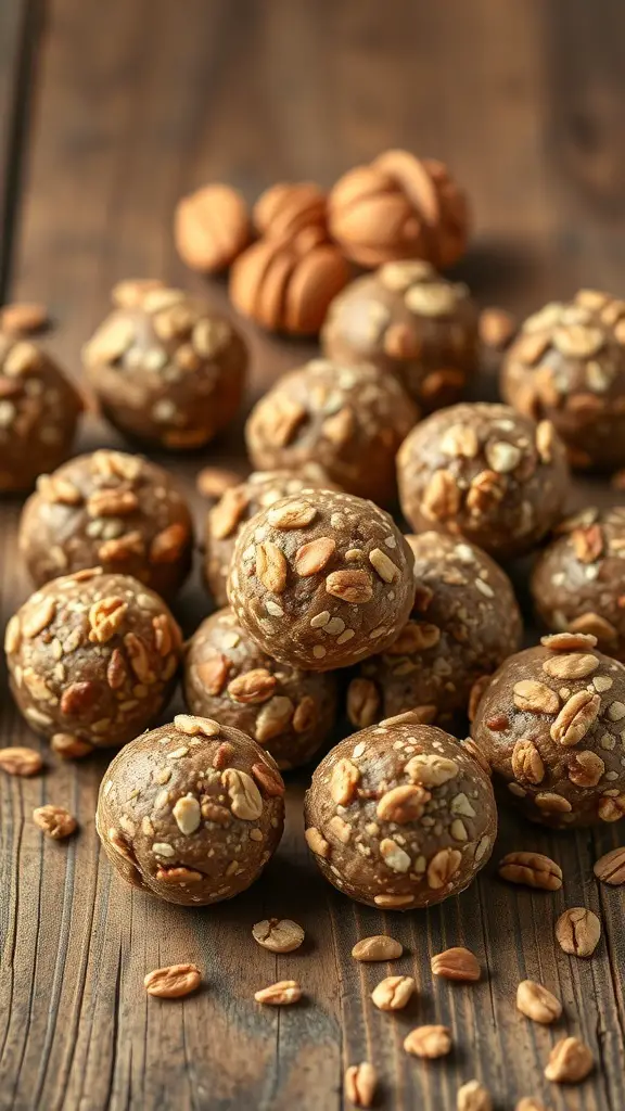 A pile of nutty protein energy bites made with oats and nuts on a wooden surface.
