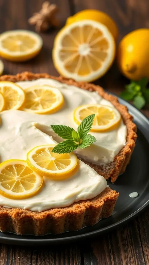 Lemon Icebox Pie with graham cracker crust, topped with lemon slices and mint leaves.