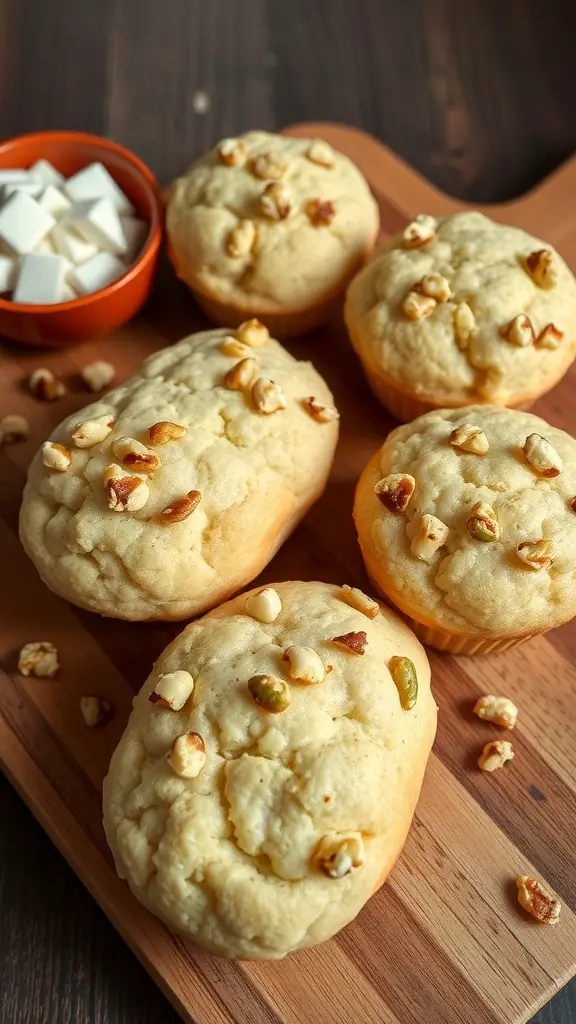 Freshly baked cottage cheese muffins topped with nuts on a wooden board