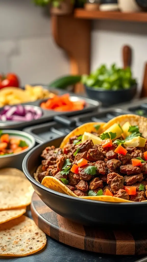 A colorful Spicy Beef Taco Skillet with ground beef, diced peppers, and taco shells, surrounded by fresh toppings.