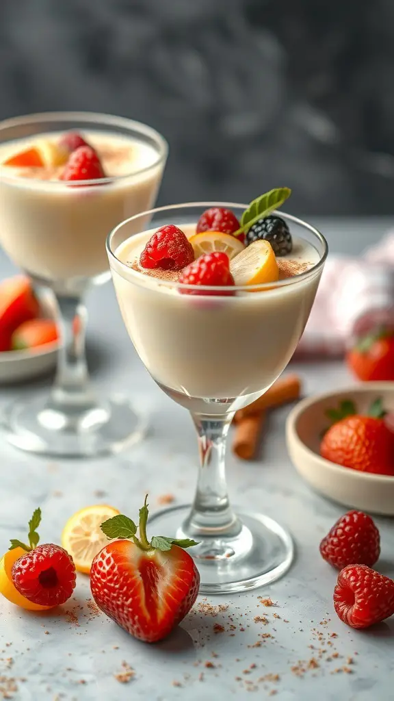 Delicious zabaglione dessert topped with fresh fruits in elegant glasses.