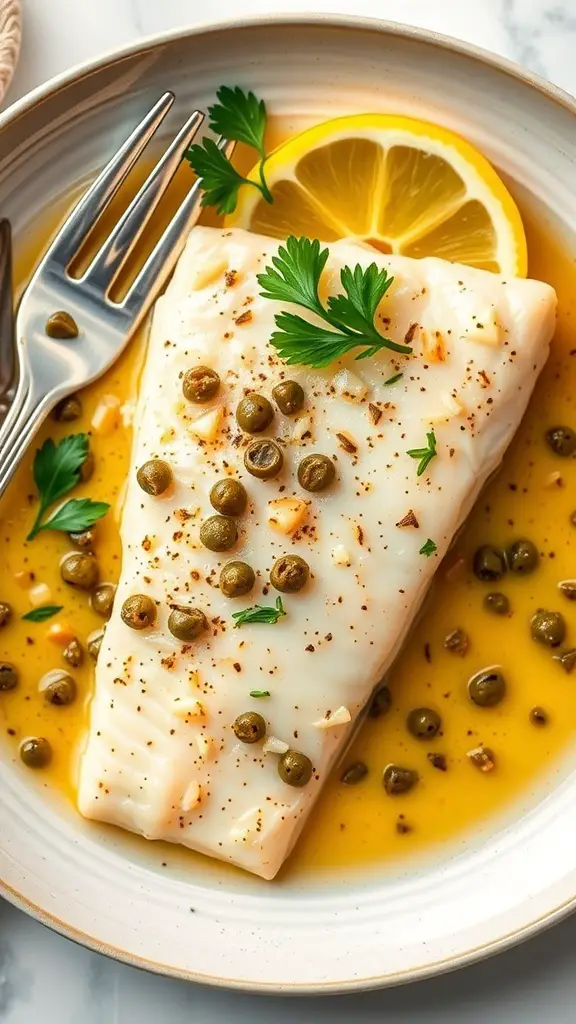 A plate of tilapia piccata garnished with capers and lemon.