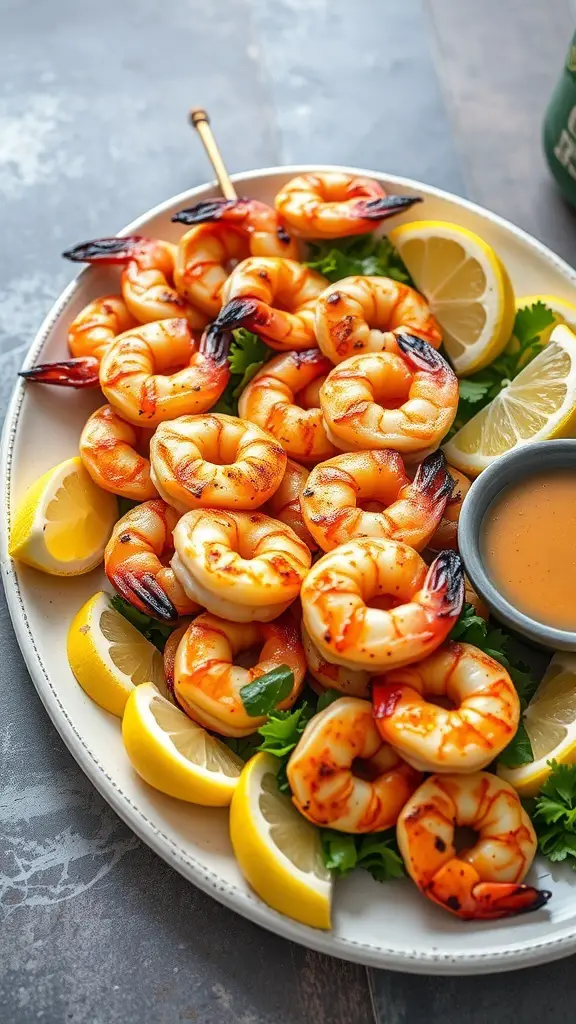 A platter of grilled shrimp skewers with lemon wedges and dipping sauce.