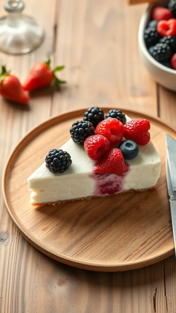 A slice of creamy cheesecake topped with fresh strawberries, raspberries, blackberries, and blueberries on a wooden plate.