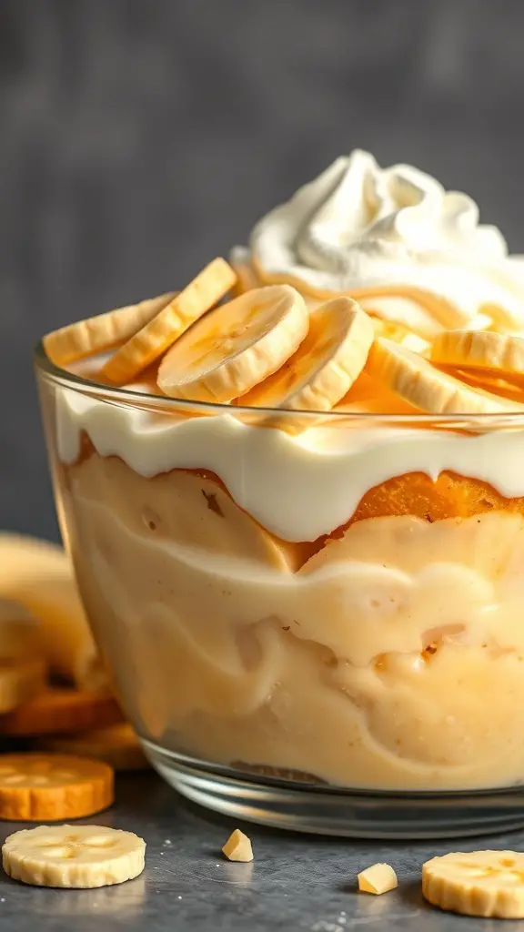 A glass bowl filled with banana pudding, topped with whipped cream and banana slices, surrounded by vanilla wafers.