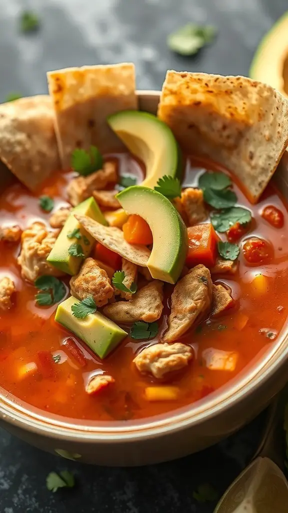 A bowl of Chicken Fajita Soup with chicken, avocado, and tortilla strips