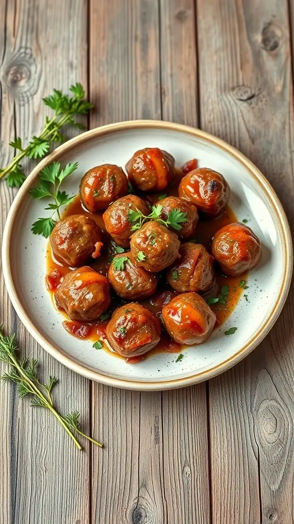 A plate of savory beef and bacon meatballs garnished with herbs
