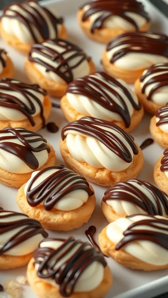 A tray of mini eclairs filled with vanilla cream and drizzled with chocolate.