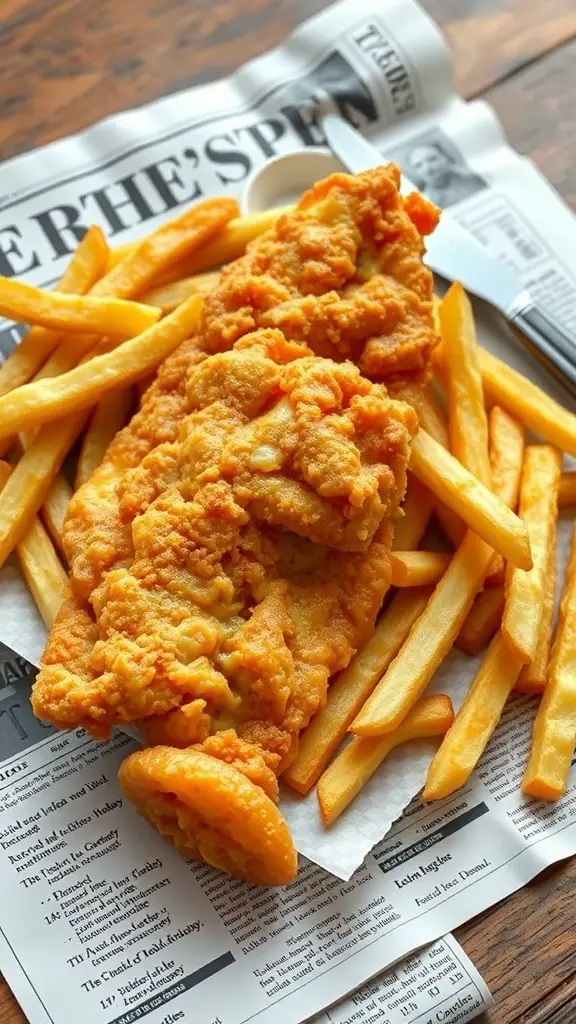 A plate of classic fish and chips with golden fried fish and thick-cut fries.
