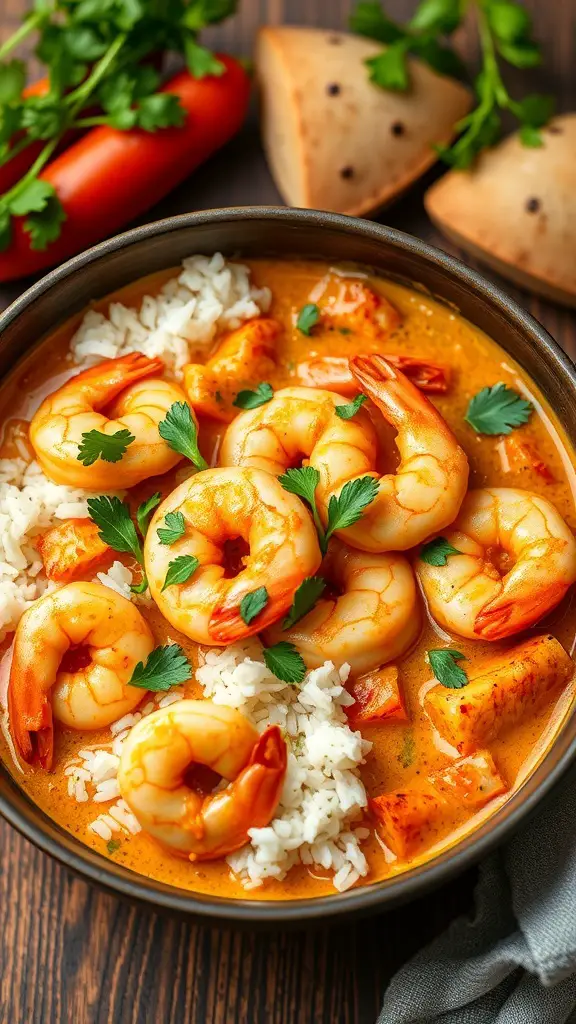 A bowl of Mediterranean shrimp curry with rice, garnished with parsley.
