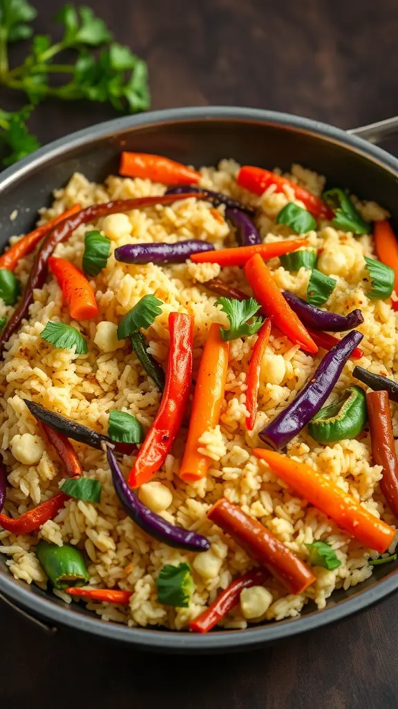 A colorful stir-fry with cauliflower rice, bell peppers, and green onions in a skillet.