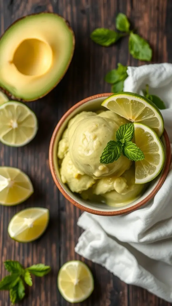 A bowl of avocado lime sorbet garnished with lime slices and mint leaves, with fresh avocados and lime halves in the background.