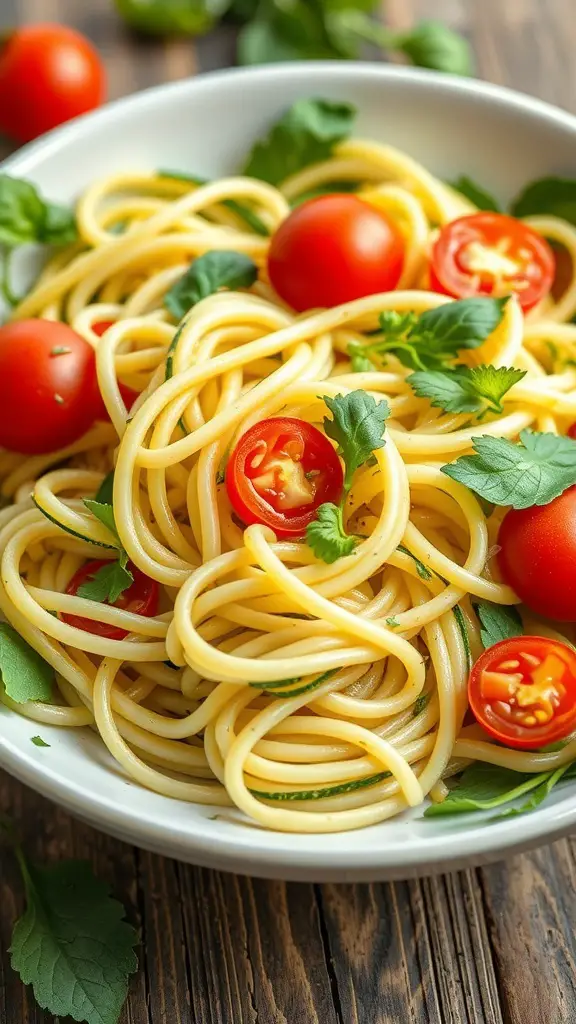 A bowl of zucchini noodle salad with cherry tomatoes and fresh herbs