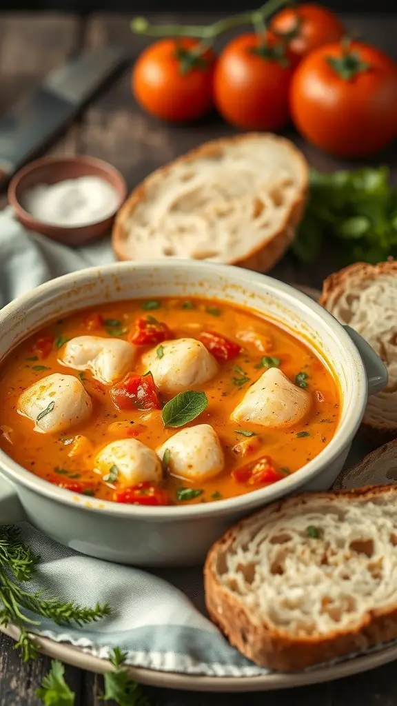 A bowl of creamy tomato basil fish stew with bread on the side and fresh tomatoes in the background.