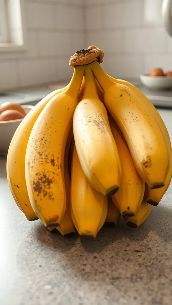 A bunch of ripe bananas with some brown spots on a kitchen countertop.