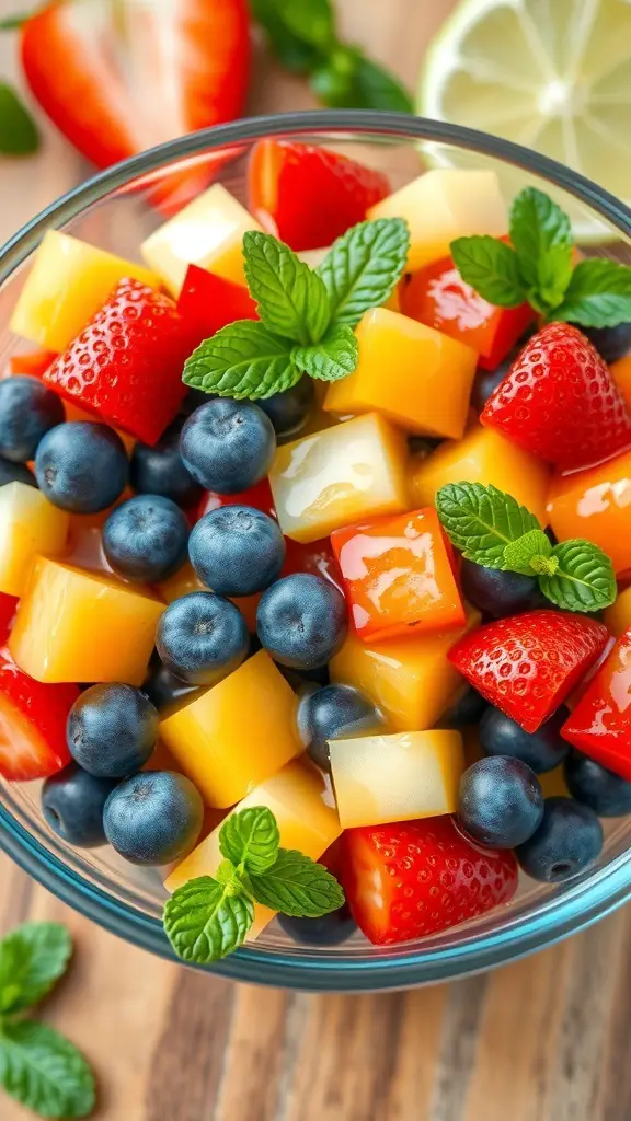 A bowl of colorful fruit salad with strawberries, blueberries, and mango, garnished with mint leaves.