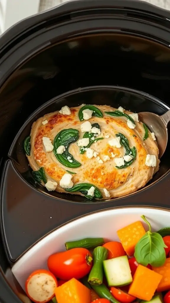 Stuffed chicken breast with spinach and feta in a crock pot, accompanied by a side of mixed vegetables.
