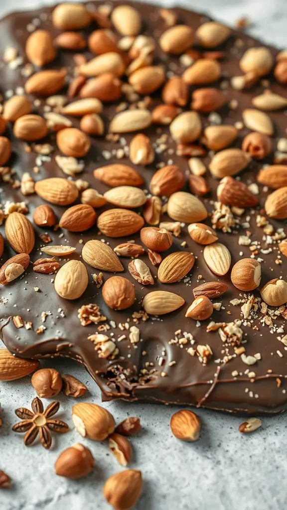 A slab of chocolate bark topped with various nuts on a marble surface.