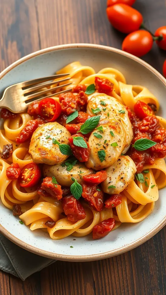 A plate of Sun-Dried Tomato Chicken Rotini with rotini pasta, chicken, and cherry tomatoes, garnished with fresh herbs.