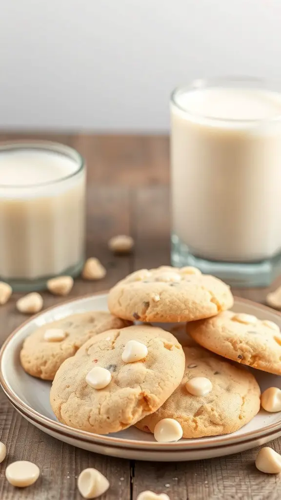 A plate of white chocolate macadamia nut cookies with two glasses of milk