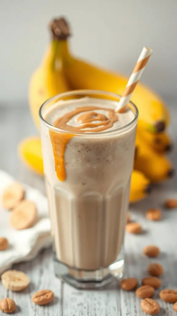 A creamy peanut butter banana smoothie in a tall glass with a drizzle of peanut butter on top, surrounded by fresh bananas and peanuts.
