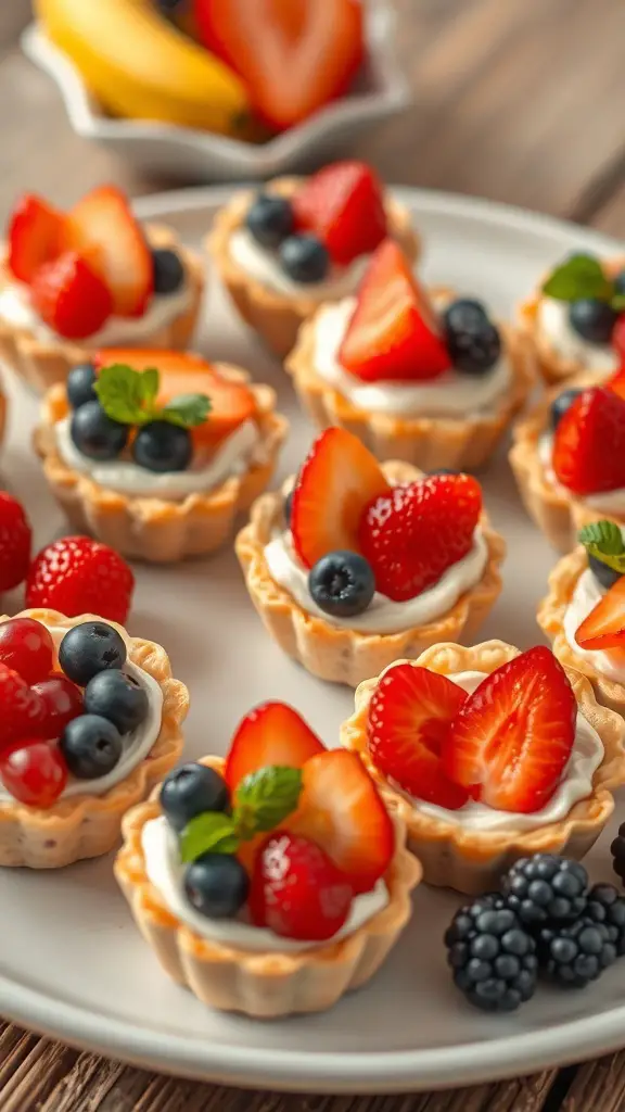A plate of charming mini fruit tarts topped with strawberries, blueberries, and raspberries.