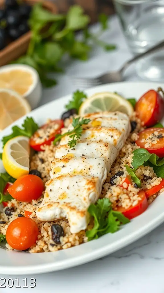 A plate of tilapia and quinoa salad with cherry tomatoes, bell peppers, and lemon wedges.