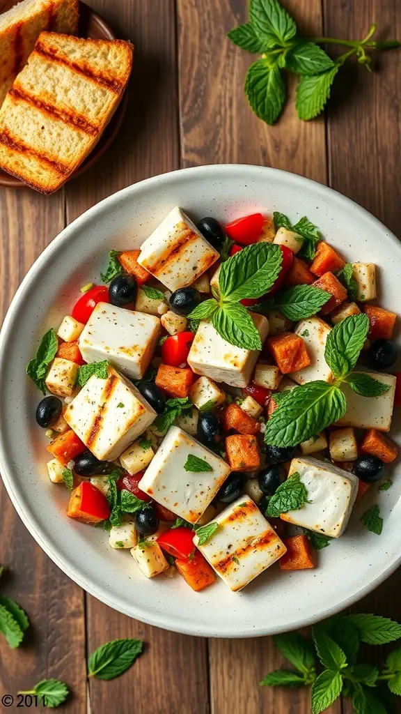A bowl of tabbouleh with grilled halloumi, featuring fresh vegetables and herbs, served with toasted bread.