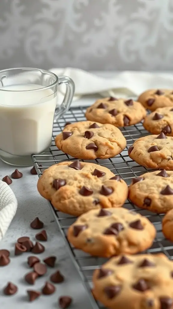 Freshly baked toffee chocolate chip cookies cooling on a wire rack with a glass of milk