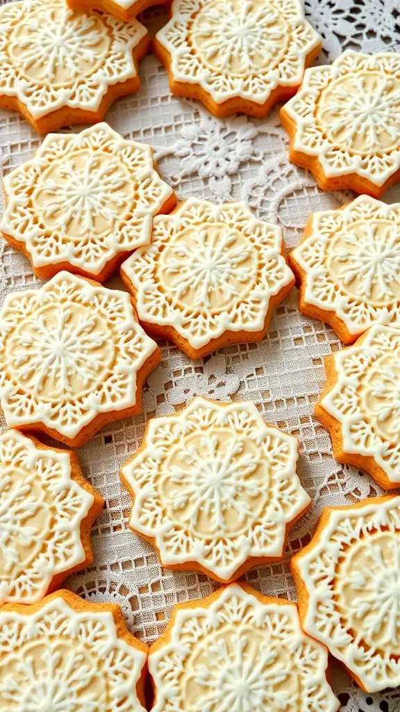 Beautiful lace-patterned cookies arranged on a lace tablecloth.